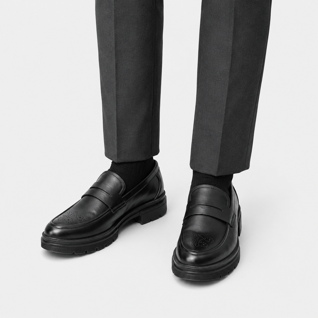 Ma boutique Mens Black Penny Loafers – Thick Sole Business Dress Shoes for Office & Smart Casual