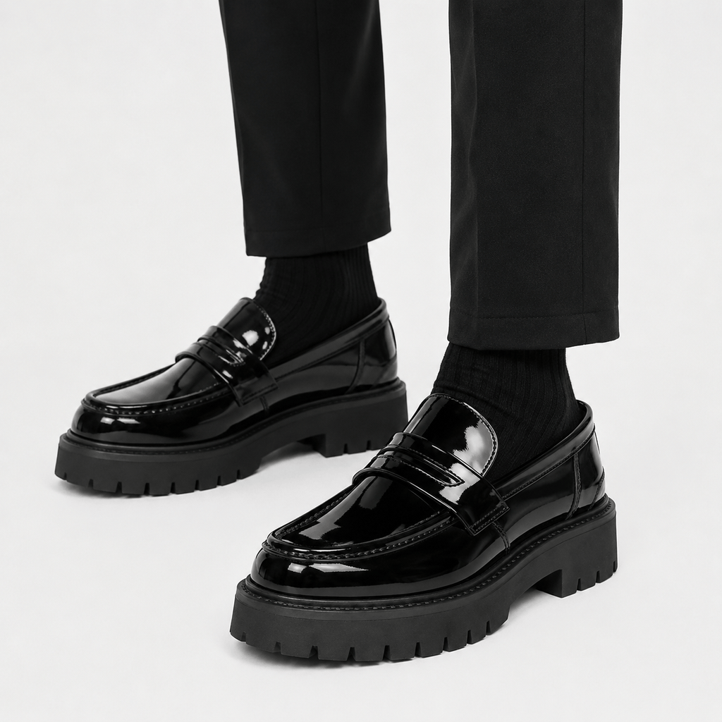 Ma boutique Mens Black Penny Loafers – Thick Sole Slip-On Formal Party Dress Shoes