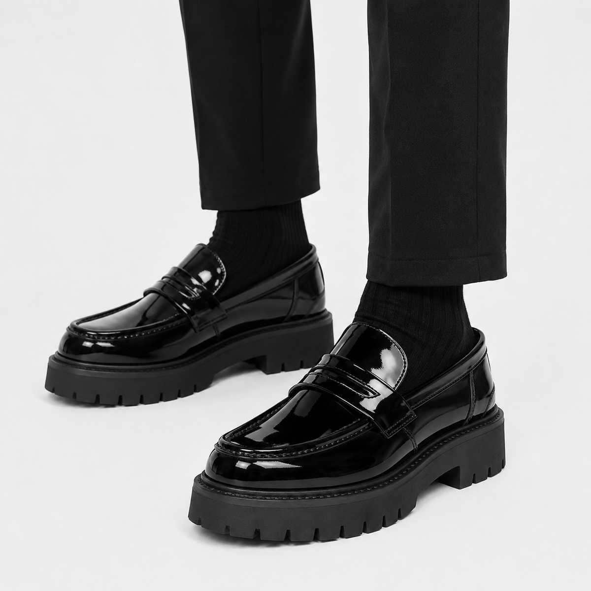 Ma boutique Mens Black Penny Loafers – Thick Sole Slip-On Formal Party Dress Shoes
