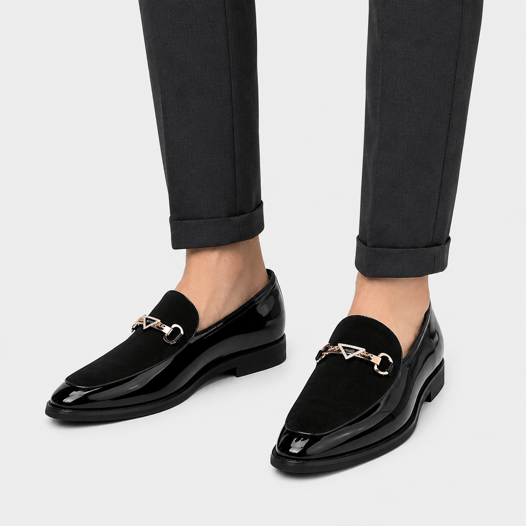 Ma boutique Mens Black Pointed Suede Mixed Loafers – Casual Driving Slip-On Wedding Dress Shoes