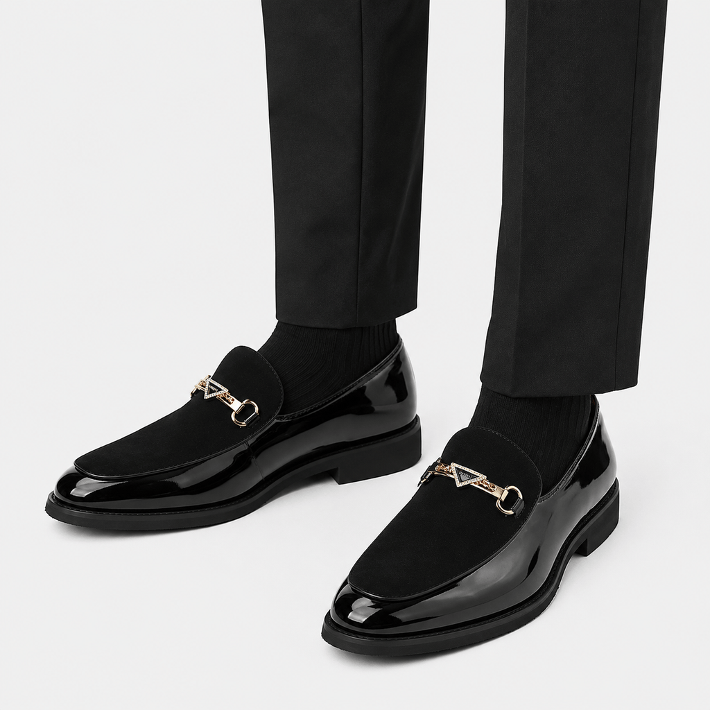 Ma boutique Mens Black Pointed Suede Mixed Loafers – Casual Driving Slip-On Wedding Dress Shoes