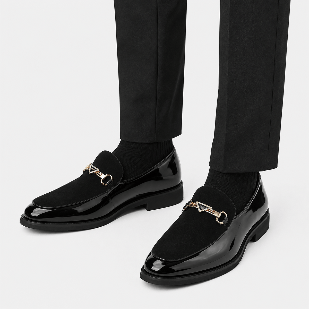 Ma boutique Mens Black Pointed Suede Mixed Loafers – Casual Driving Slip-On Wedding Dress Shoes