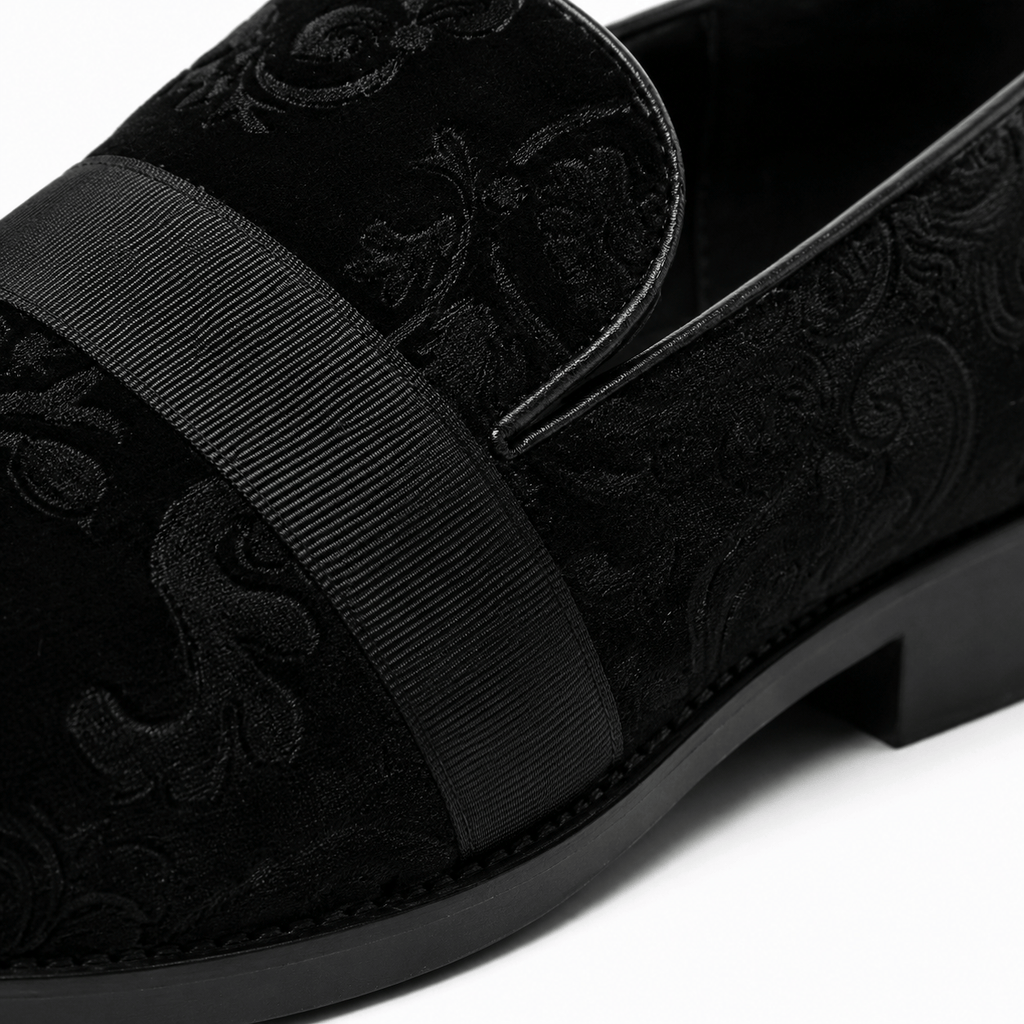Ma boutique Mens Black Velvet Embroidered Loafers – Baroque Print Slip-On Party Wedding Dress Shoes