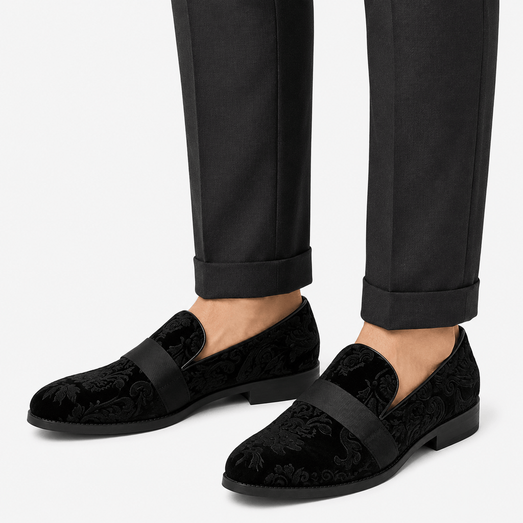 Ma boutique Mens Black Velvet Embroidered Loafers – Baroque Print Slip-On Party Wedding Dress Shoes