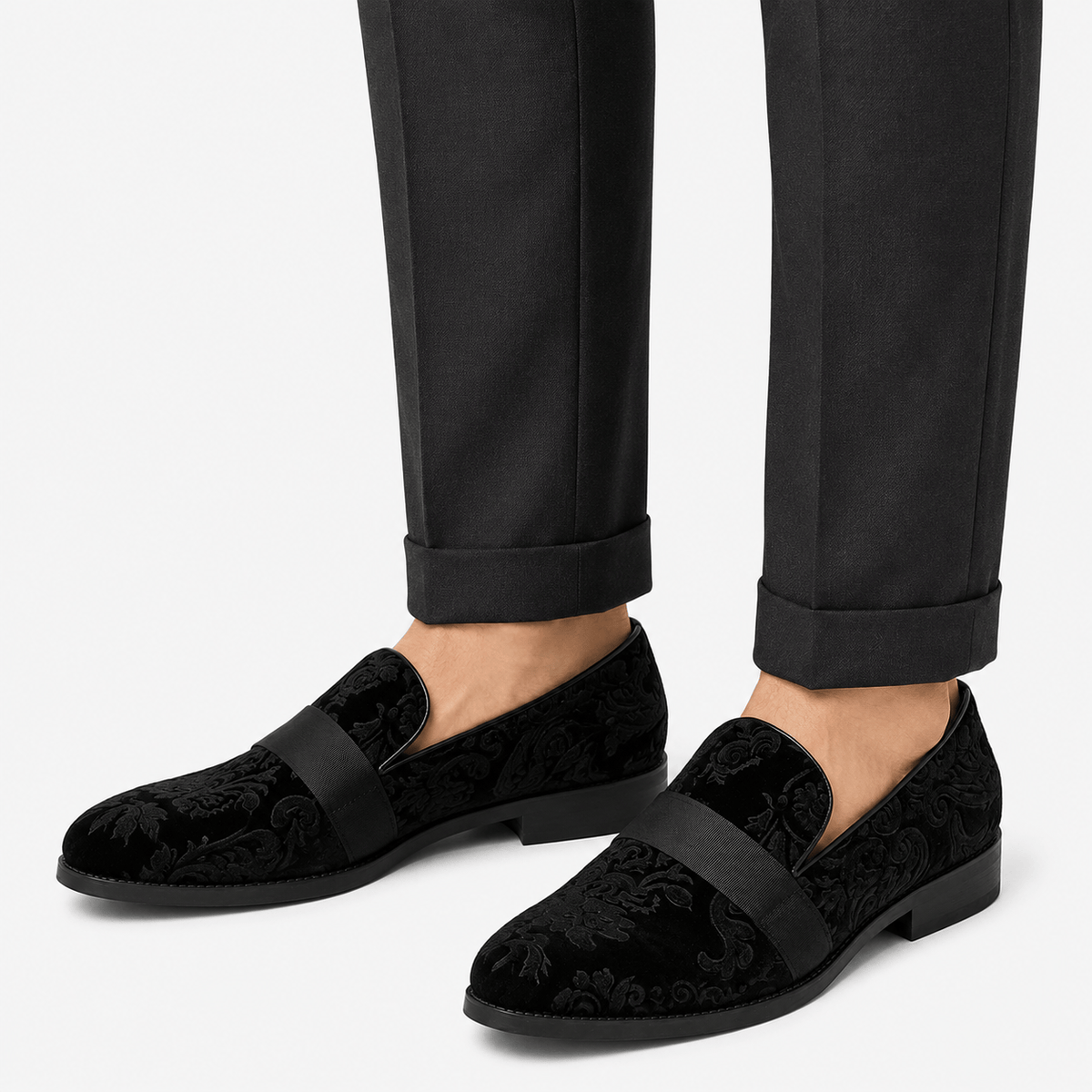 Ma boutique Mens Black Velvet Embroidered Loafers – Baroque Print Slip-On Party Wedding Dress Shoes
