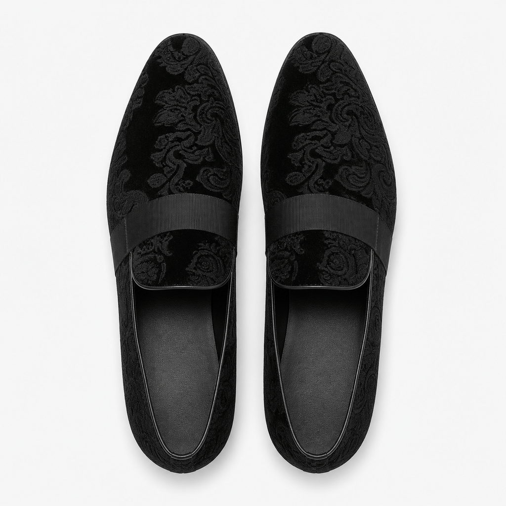 Ma boutique Mens Black Velvet Embroidered Loafers – Baroque Print Slip-On Party Wedding Dress Shoes