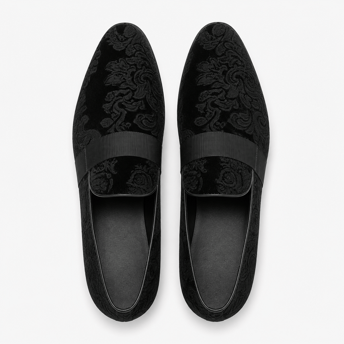 Ma boutique Mens Black Velvet Embroidered Loafers – Baroque Print Slip-On Party Wedding Dress Shoes