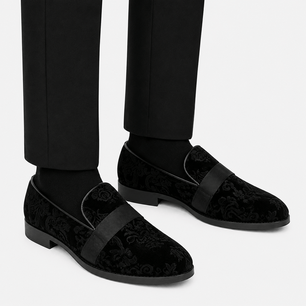 Ma boutique Mens Black Velvet Embroidered Loafers – Baroque Print Slip-On Party Wedding Dress Shoes