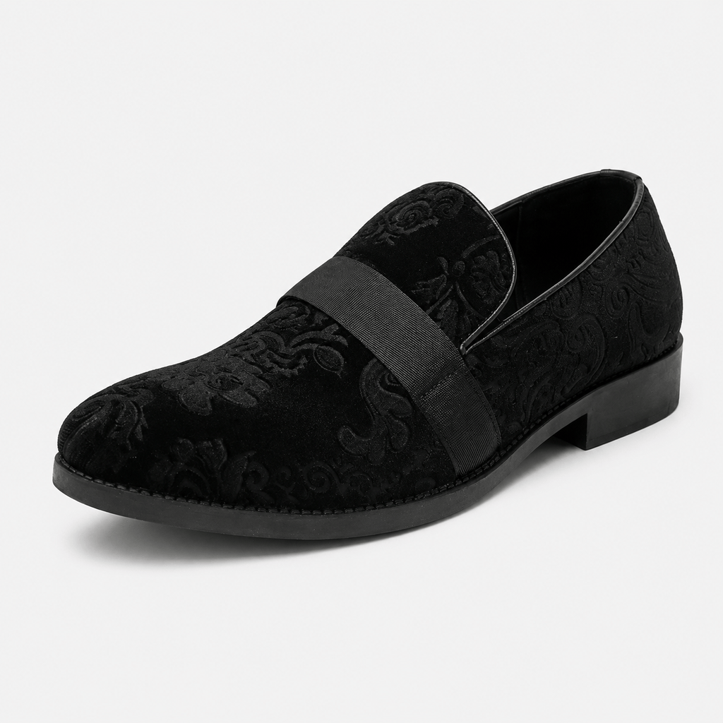 Ma boutique Mens Black Velvet Embroidered Loafers – Baroque Print Slip-On Party Wedding Dress Shoes