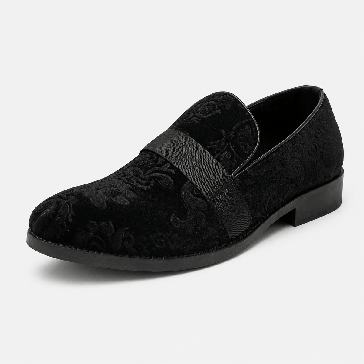 Ma boutique Mens Black Velvet Embroidered Loafers – Baroque Print Slip-On Party Wedding Dress Shoes