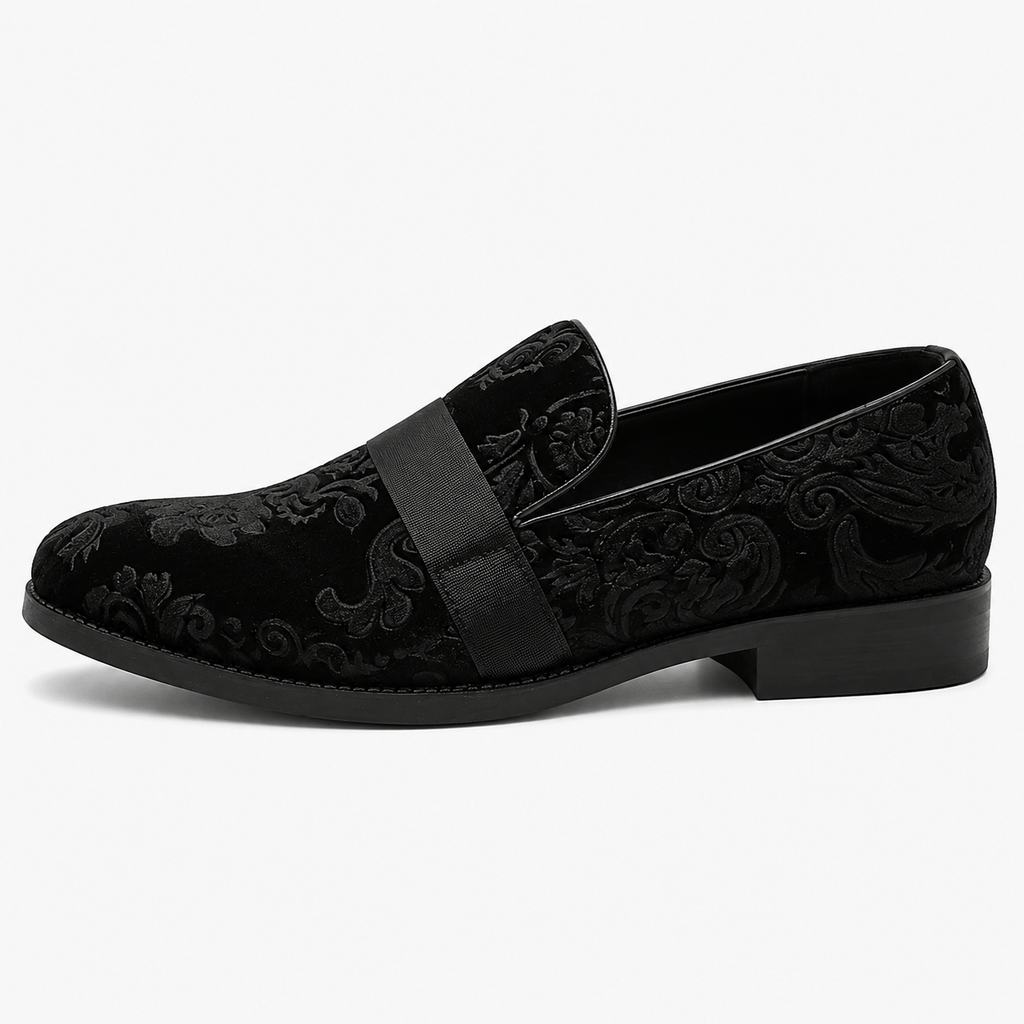 Ma boutique Mens Black Velvet Embroidered Loafers – Baroque Print Slip-On Party Wedding Dress Shoes