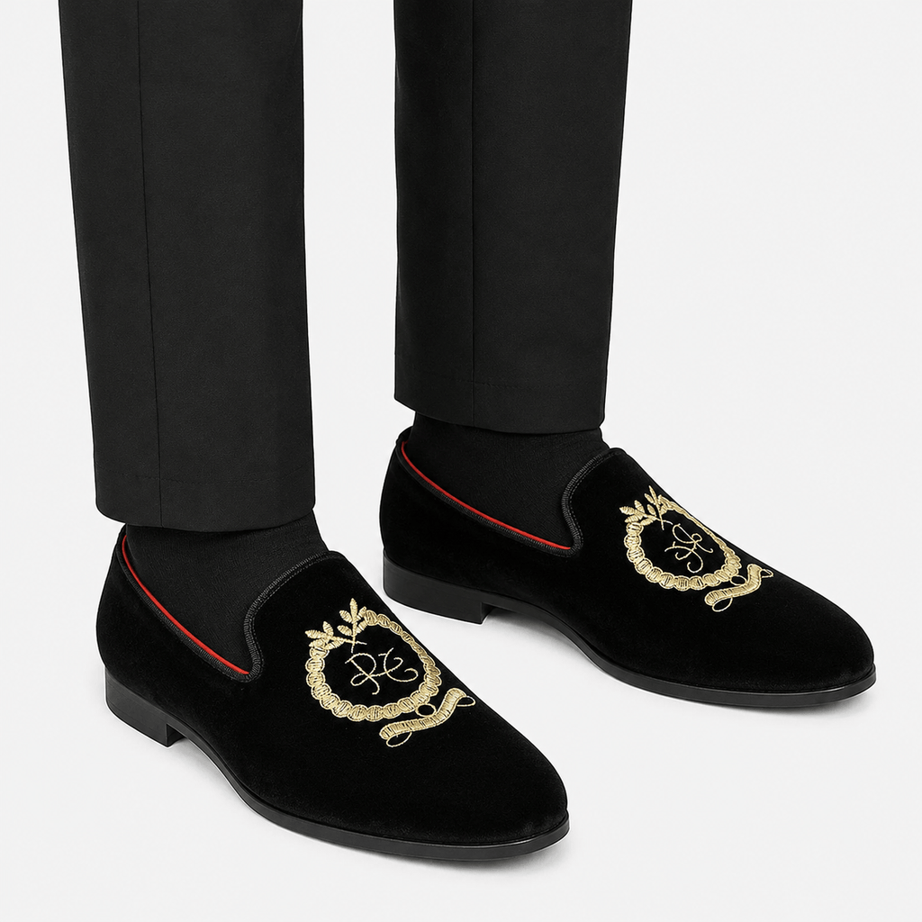 Ma boutique Mens Black Velvet Embroidered Loafers – Pointed Toe Soft Sole Business Casual Flat Shoes