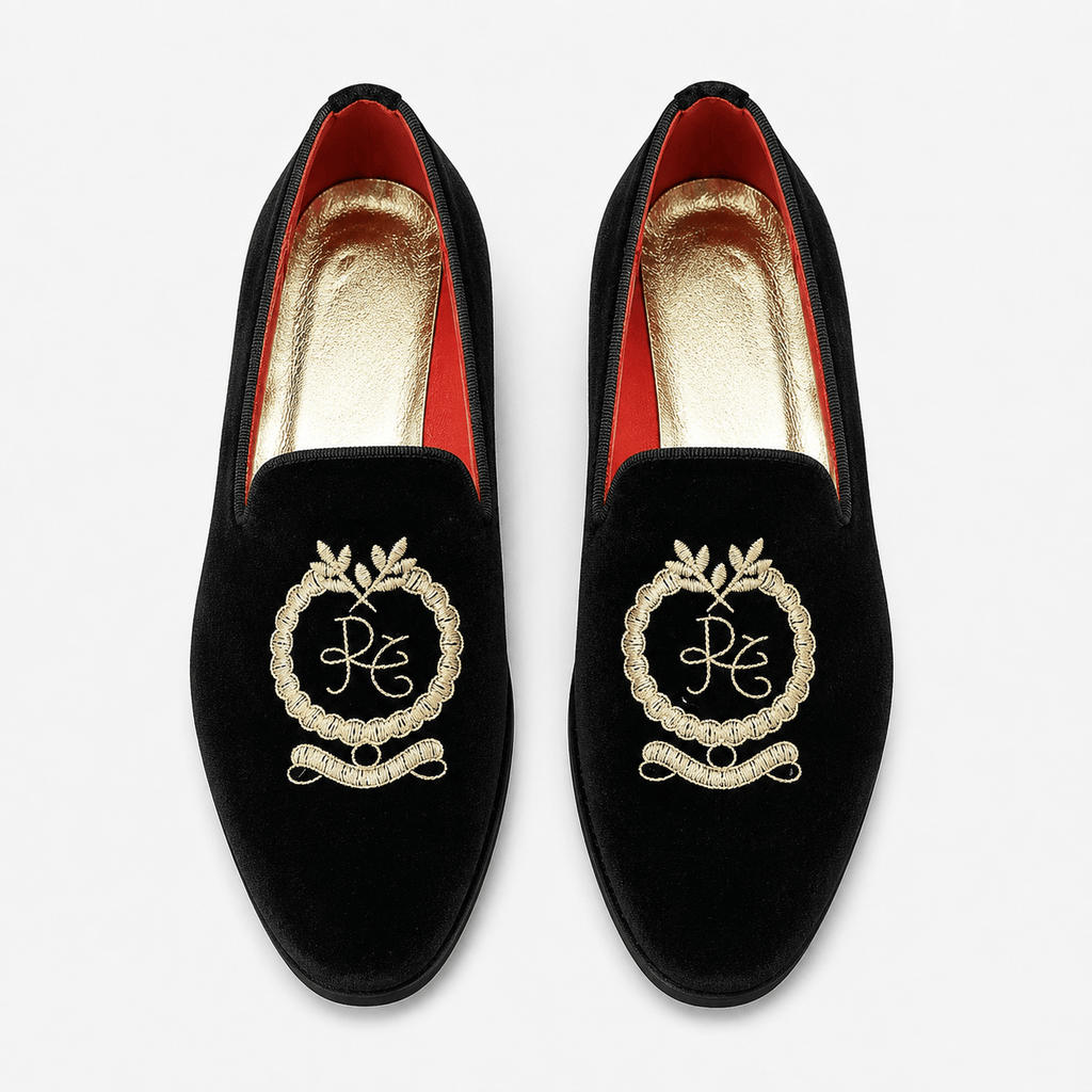 Ma boutique Mens Black Velvet Embroidered Loafers – Pointed Toe Soft Sole Business Casual Flat Shoes