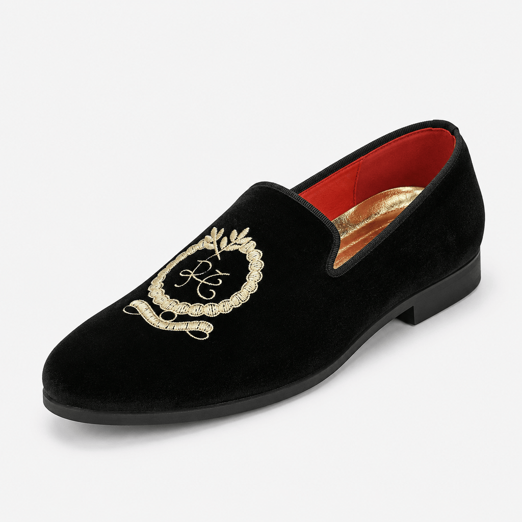 Ma boutique Mens Black Velvet Embroidered Loafers – Pointed Toe Soft Sole Business Casual Flat Shoes