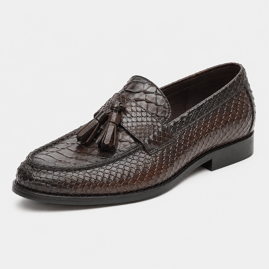 Ma boutique Mens Brown Genuine Leather Snake Print Tassel Loafers – Slip-On Wedding Office Dress Shoes