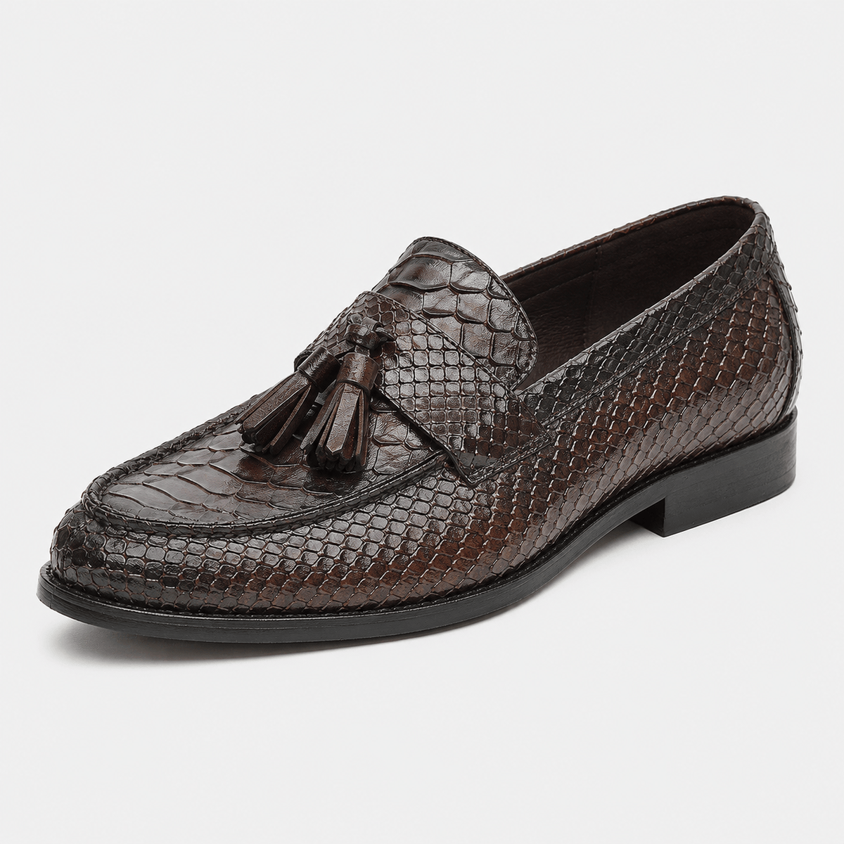Ma boutique Mens Brown Genuine Leather Snake Print Tassel Loafers – Slip-On Wedding Office Dress Shoes