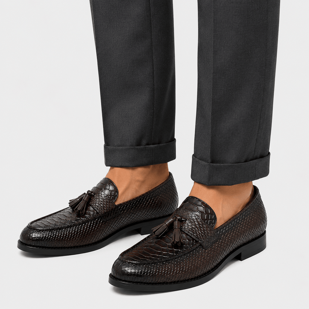 Ma boutique Mens Brown Genuine Leather Snake Print Tassel Loafers – Slip-On Wedding Office Dress Shoes