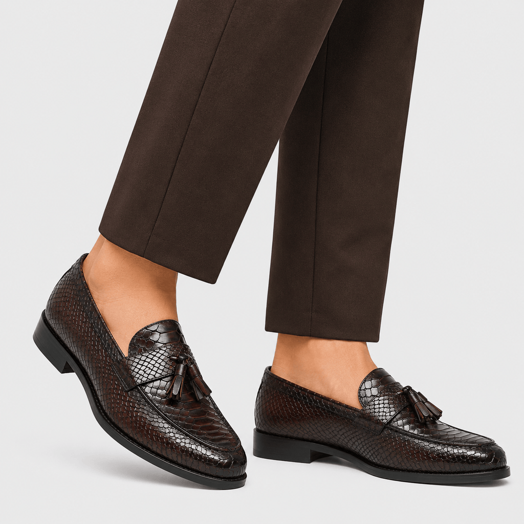 Ma boutique Mens Brown Genuine Leather Snake Print Tassel Loafers – Slip-On Wedding Office Dress Shoes