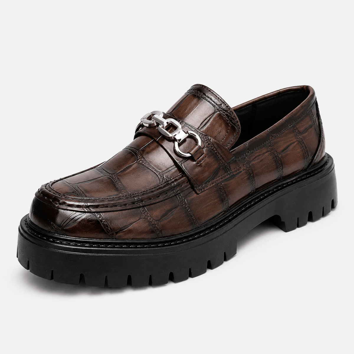 Ma boutique Mens Brown Glossy Metal Buckle Loafers – Korean Style Thick Sole British Fashion Shoes