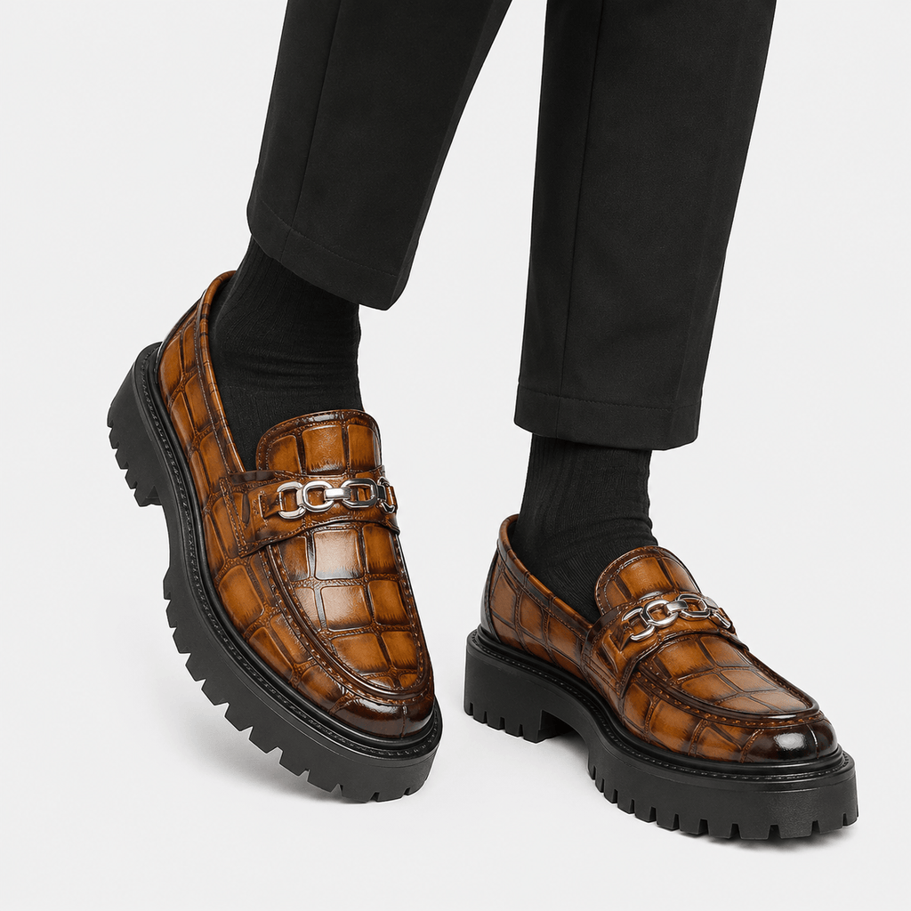 Ma boutique Mens Brown Glossy Metal Buckle Loafers – Korean Style Thick Sole British Fashion Shoes