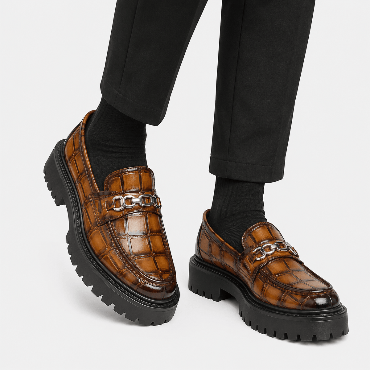 Ma boutique Mens Brown Glossy Metal Buckle Loafers – Korean Style Thick Sole British Fashion Shoes