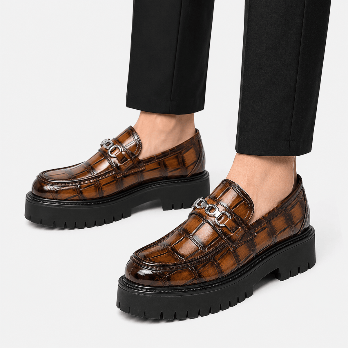 Ma boutique Mens Brown Glossy Metal Buckle Loafers – Korean Style Thick Sole British Fashion Shoes