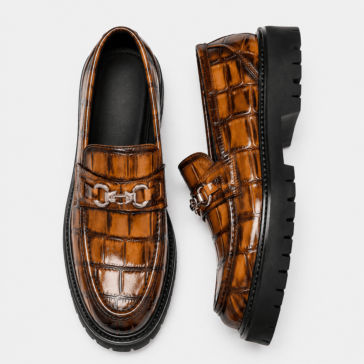 Ma boutique Mens Brown Glossy Metal Buckle Loafers – Korean Style Thick Sole British Fashion Shoes