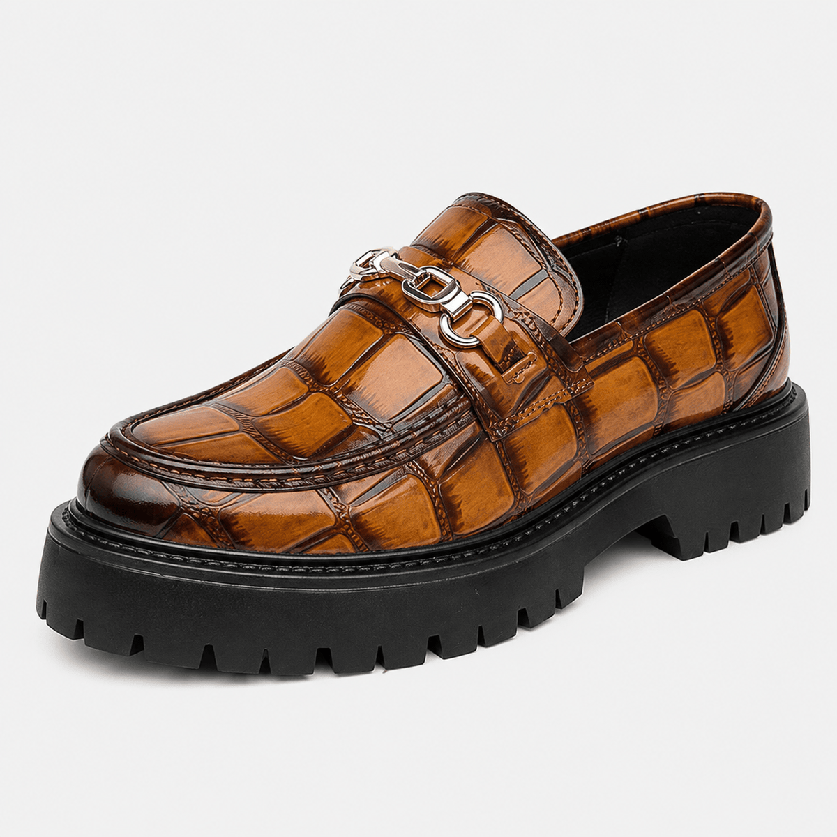 Ma boutique Mens Brown Glossy Metal Buckle Loafers – Korean Style Thick Sole British Fashion Shoes