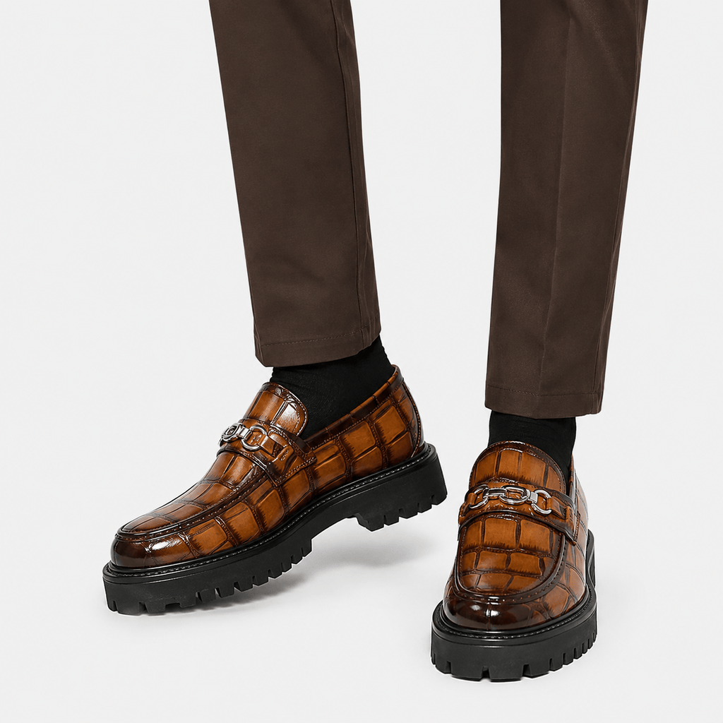 Ma boutique Mens Brown Glossy Metal Buckle Loafers – Korean Style Thick Sole British Fashion Shoes