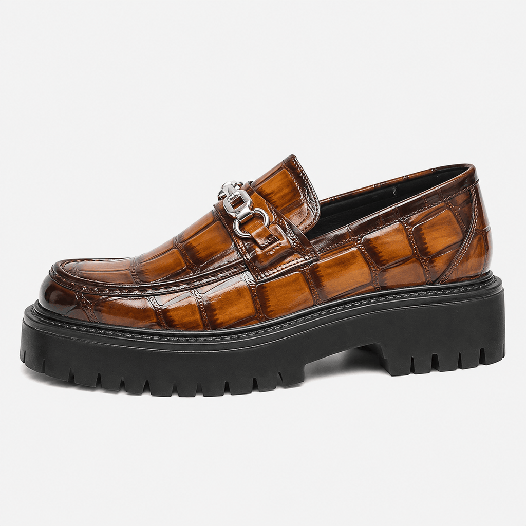 Ma boutique Mens Brown Glossy Metal Buckle Loafers – Korean Style Thick Sole British Fashion Shoes