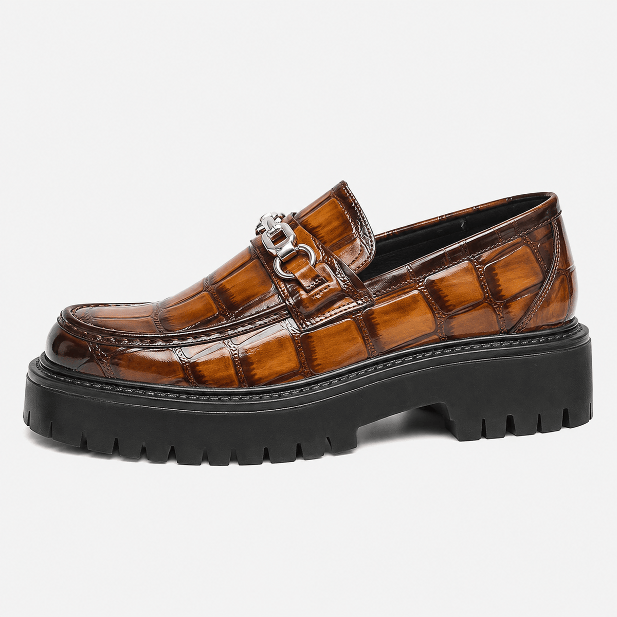 Ma boutique Mens Brown Glossy Metal Buckle Loafers – Korean Style Thick Sole British Fashion Shoes
