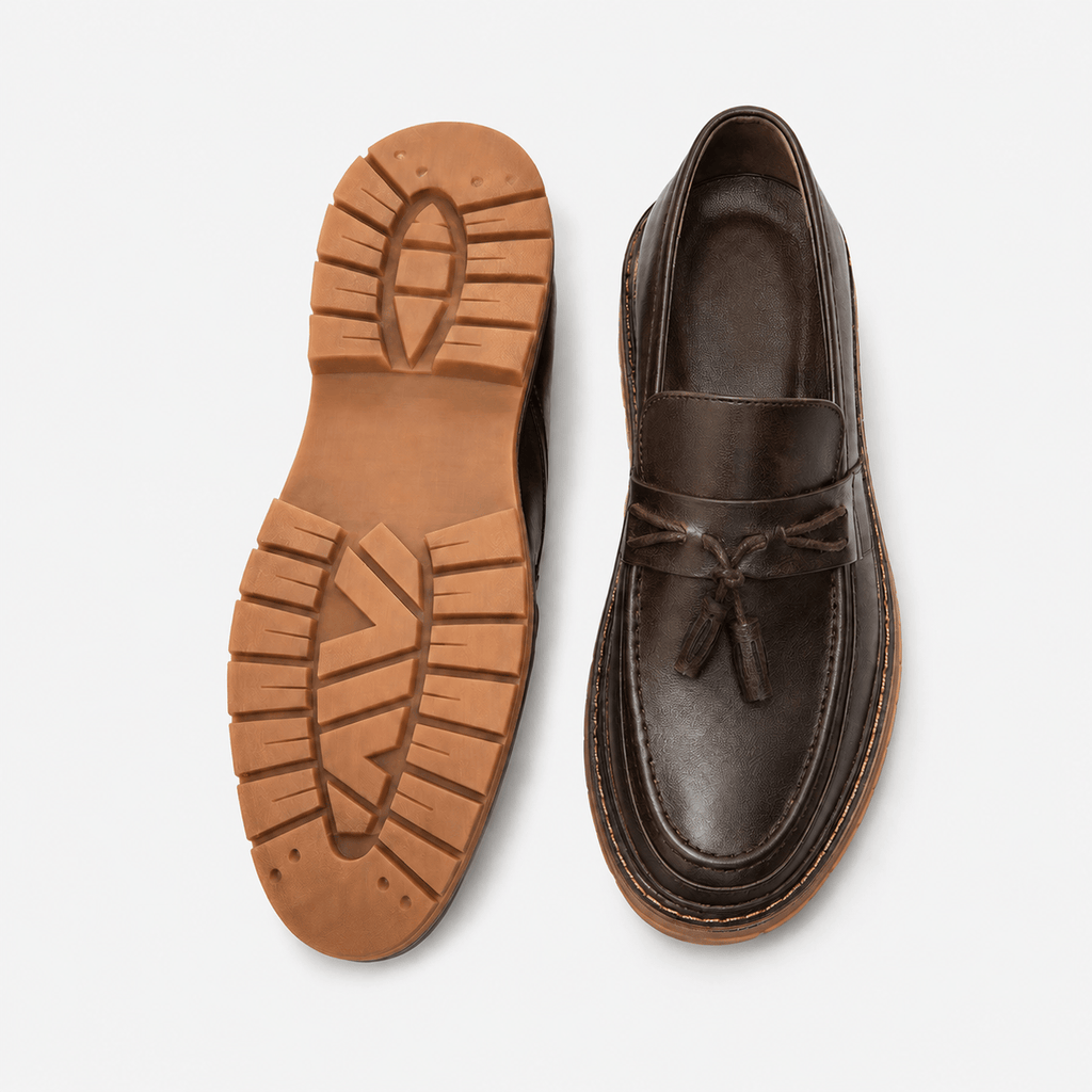 Ma boutique Mens Brown Handmade Leather Loafers – British Retro Round Toe Fringe Slip-On Shoes