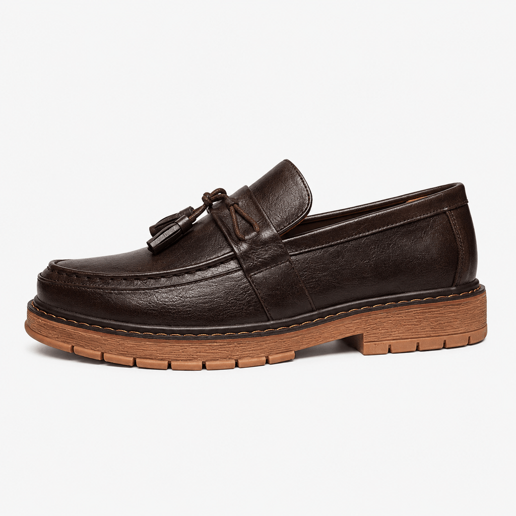 Ma boutique Mens Brown Handmade Leather Loafers – British Retro Round Toe Fringe Slip-On Shoes