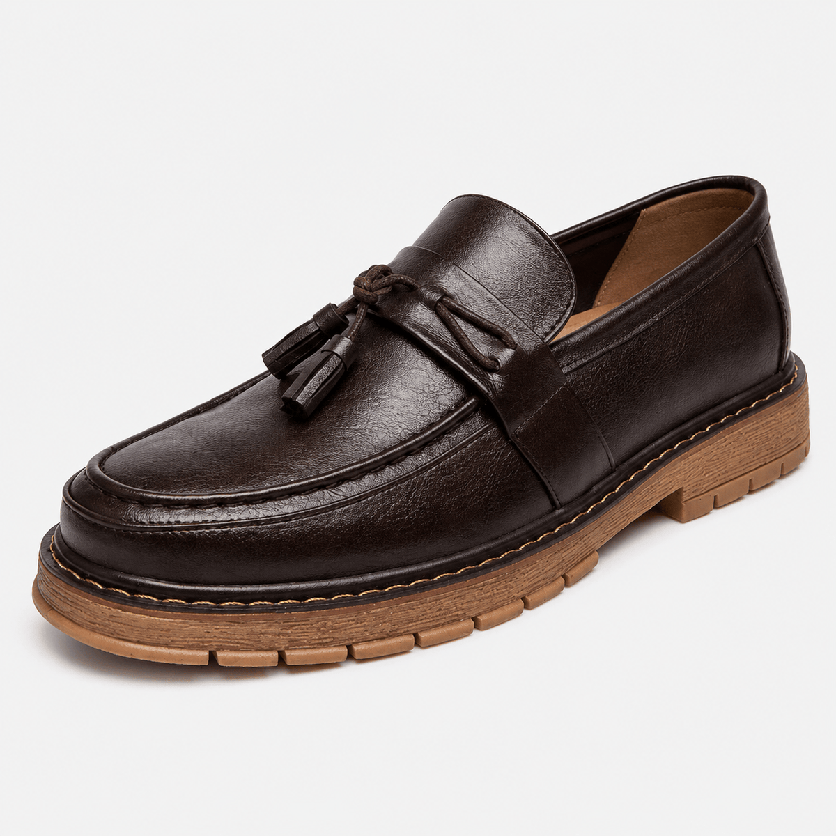 Ma boutique Mens Brown Handmade Leather Loafers – British Retro Round Toe Fringe Slip-On Shoes