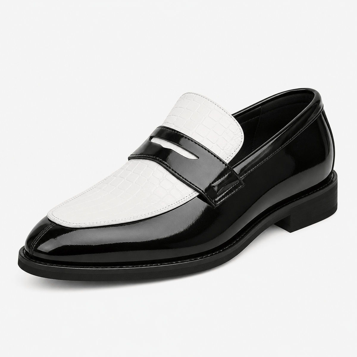 Ma boutique Mens Croc Pattern Penny Loafers – Black & White Mixed Leather Business Shoes