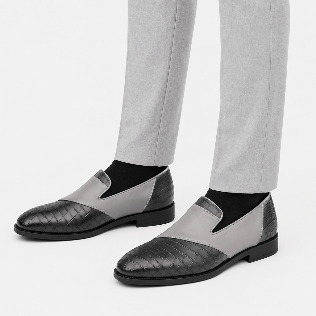 Ma boutique Mens Grey Breathable Leather Loafers – Classic Casual Dress Slip-On Shoes