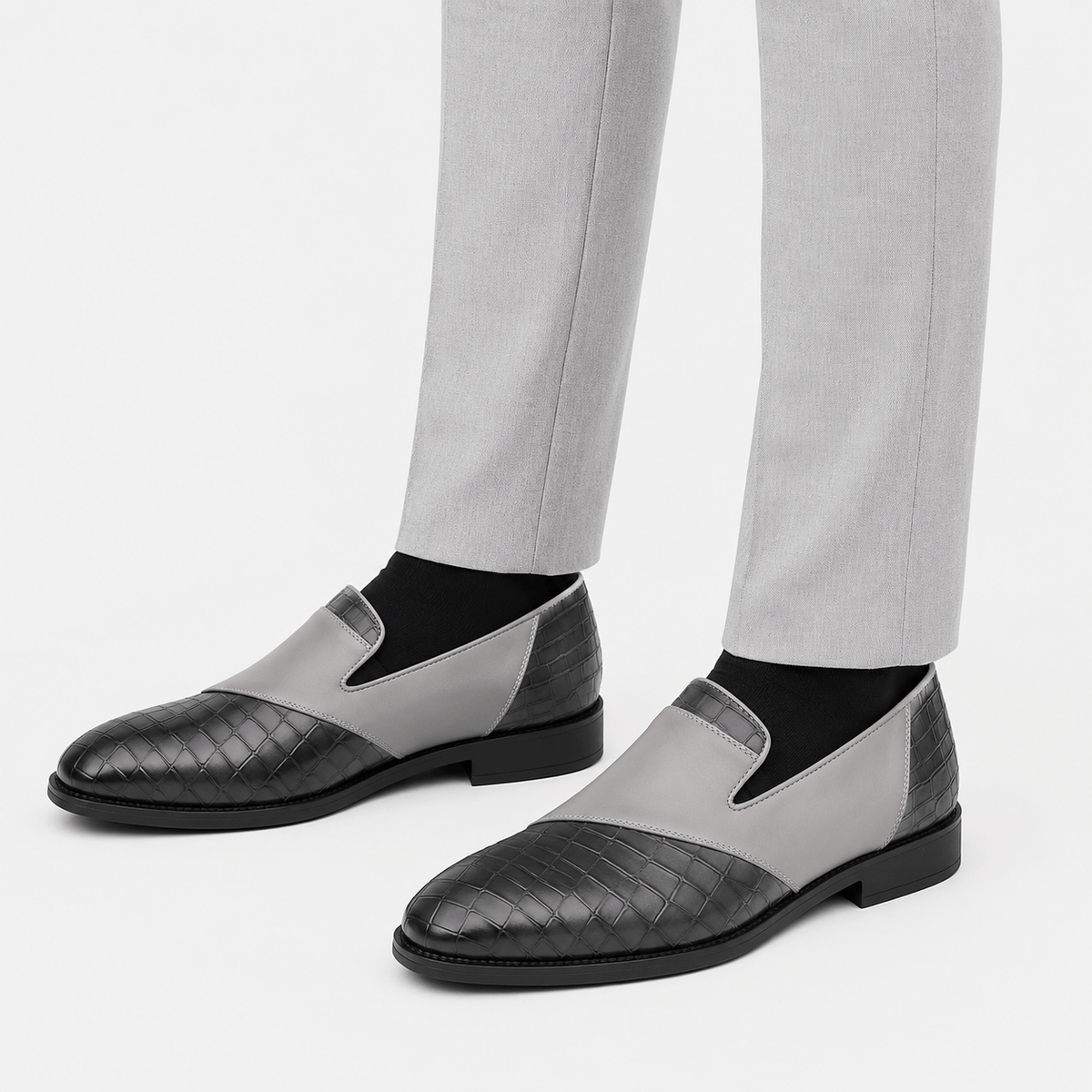 Ma boutique Mens Grey Breathable Leather Loafers – Classic Casual Dress Slip-On Shoes