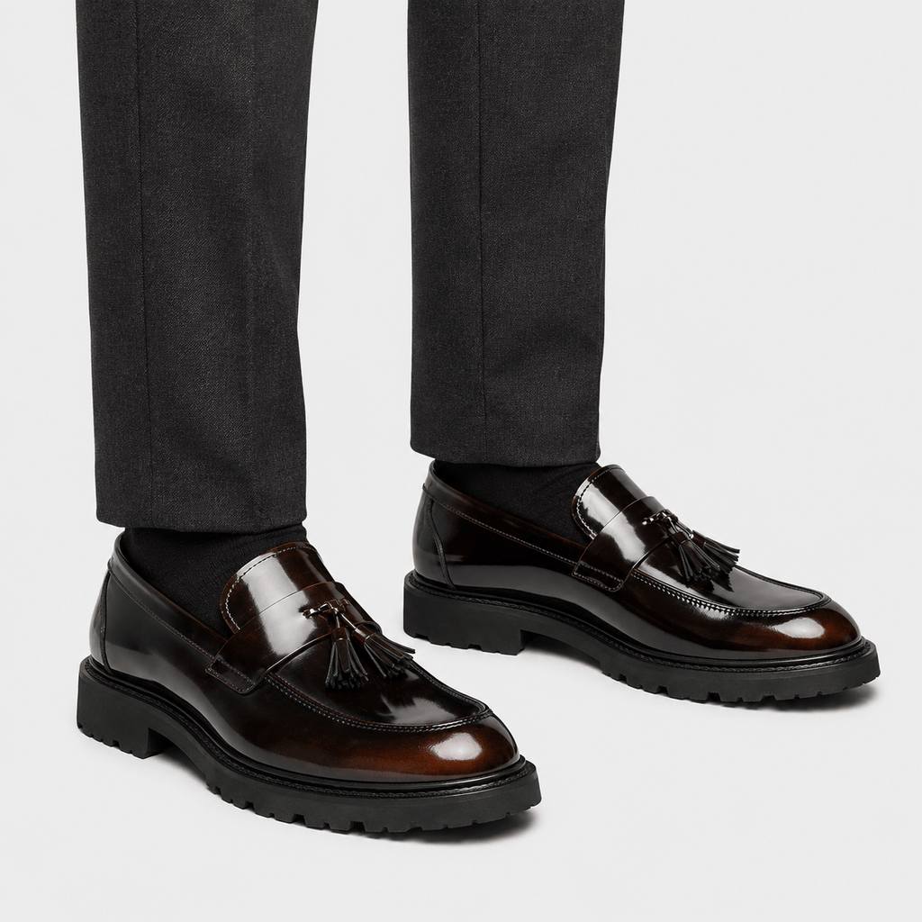 Ma boutique Mens Patent Leather Tassel Loafers – Elegant Genuine Leather Slip-On Business Dress Shoes