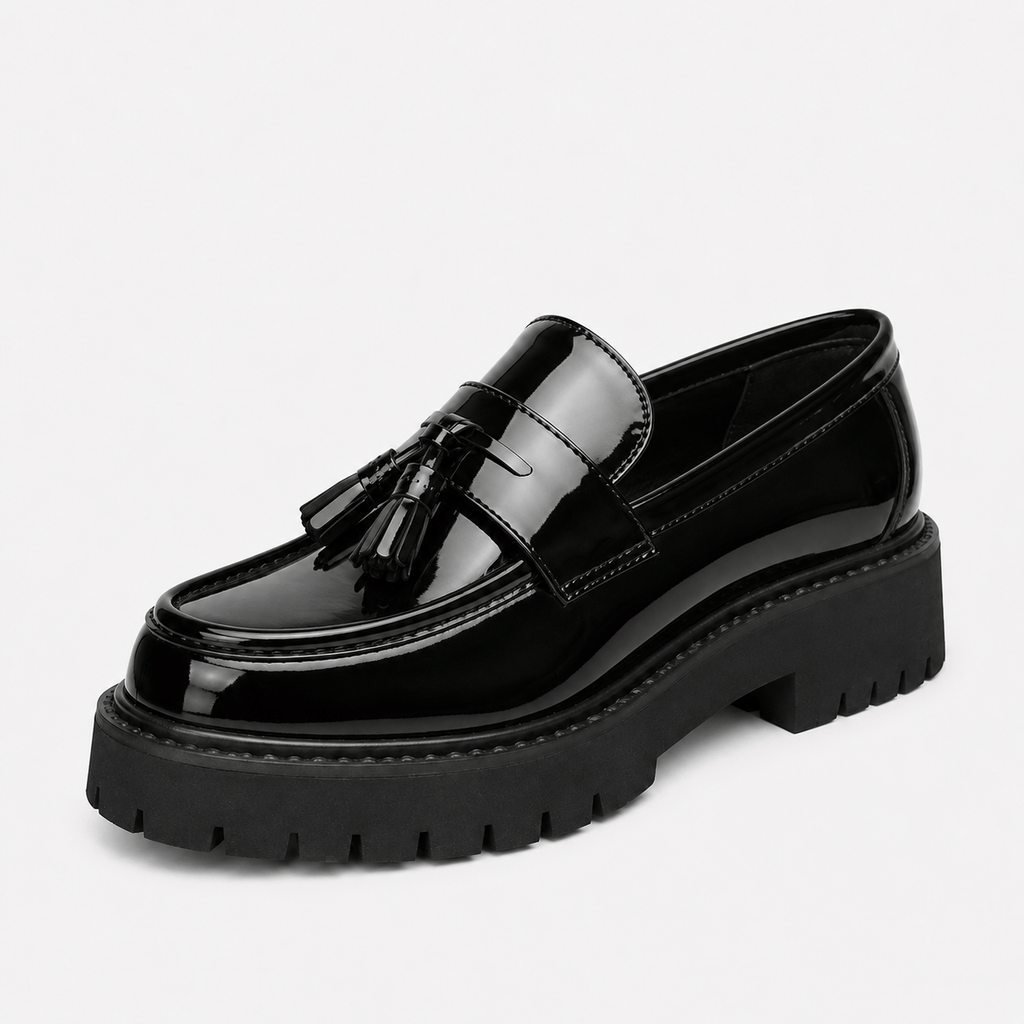 Ma boutique Mens Tassel Loafers – Black & White Leather British Style Slip-On Dress Shoes