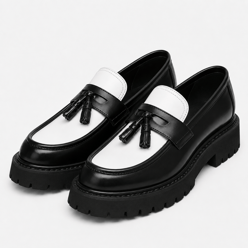 Ma boutique Mens Tassel Loafers – Black & White Leather British Style Slip-On Dress Shoes