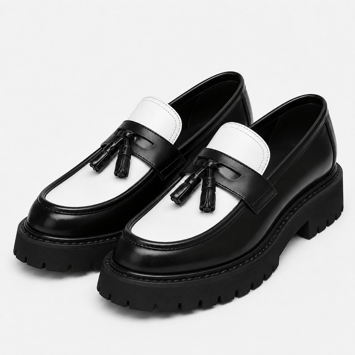 Ma boutique Mens Tassel Loafers – Black & White Leather British Style Slip-On Dress Shoes