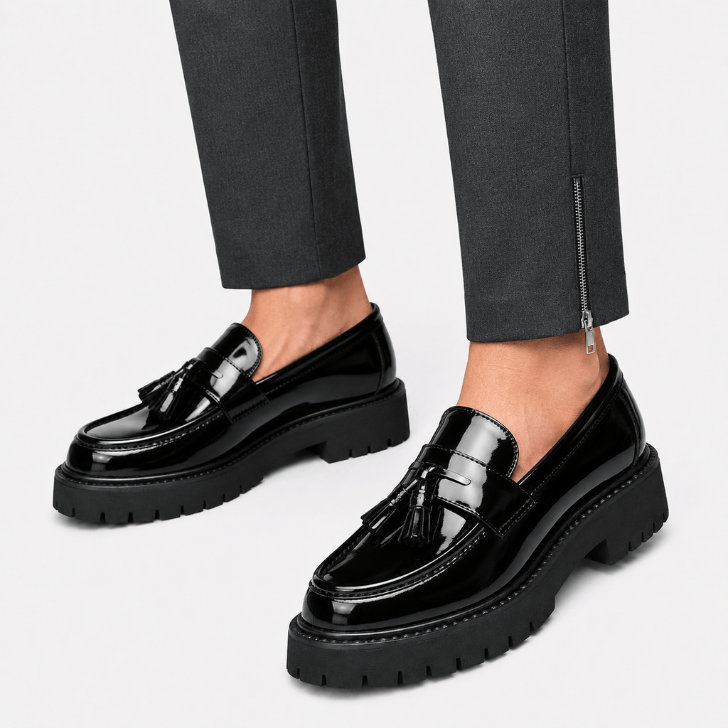 Ma boutique Mens Tassel Loafers – Black & White Leather British Style Slip-On Dress Shoes
