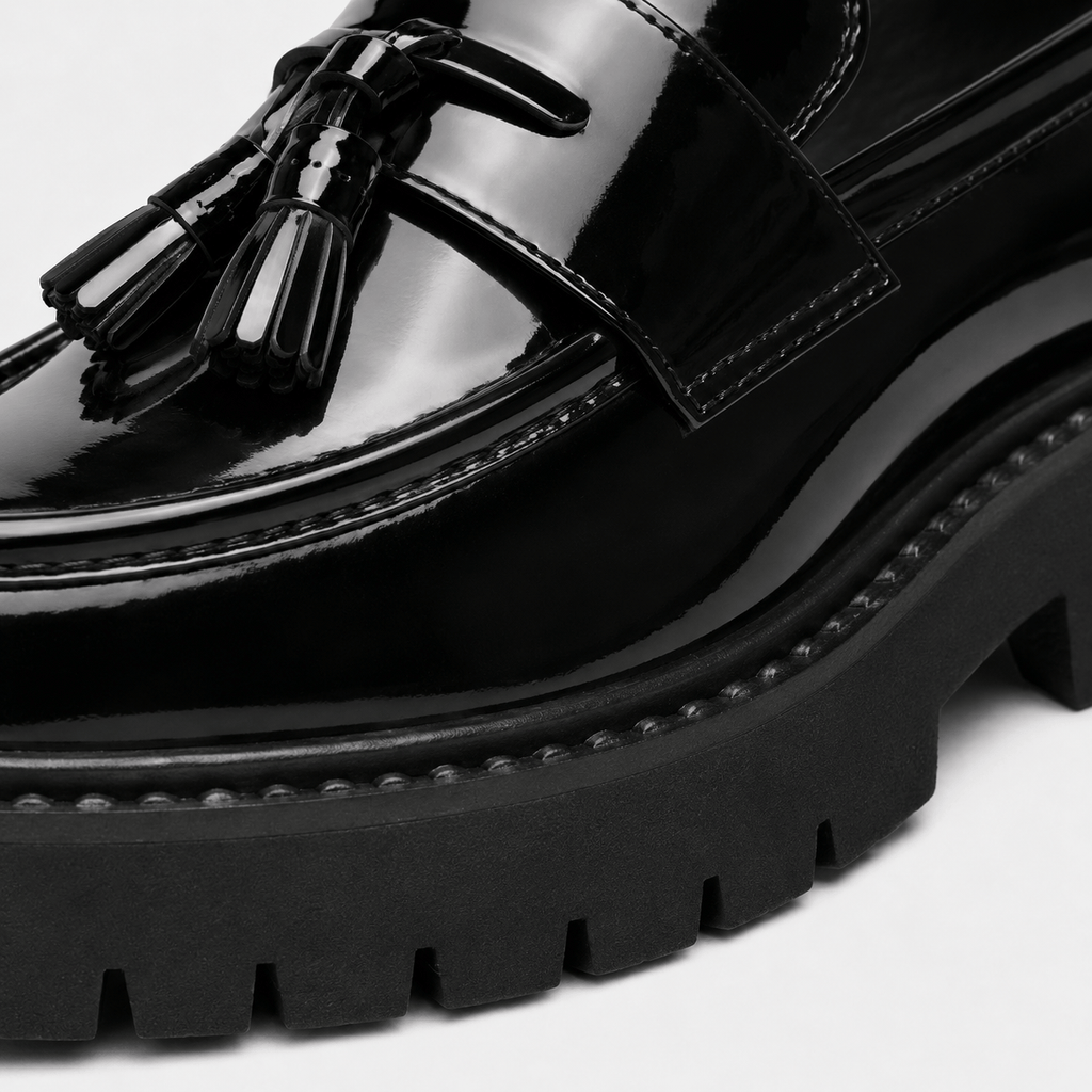 Ma boutique Mens Tassel Loafers – Black & White Leather British Style Slip-On Dress Shoes