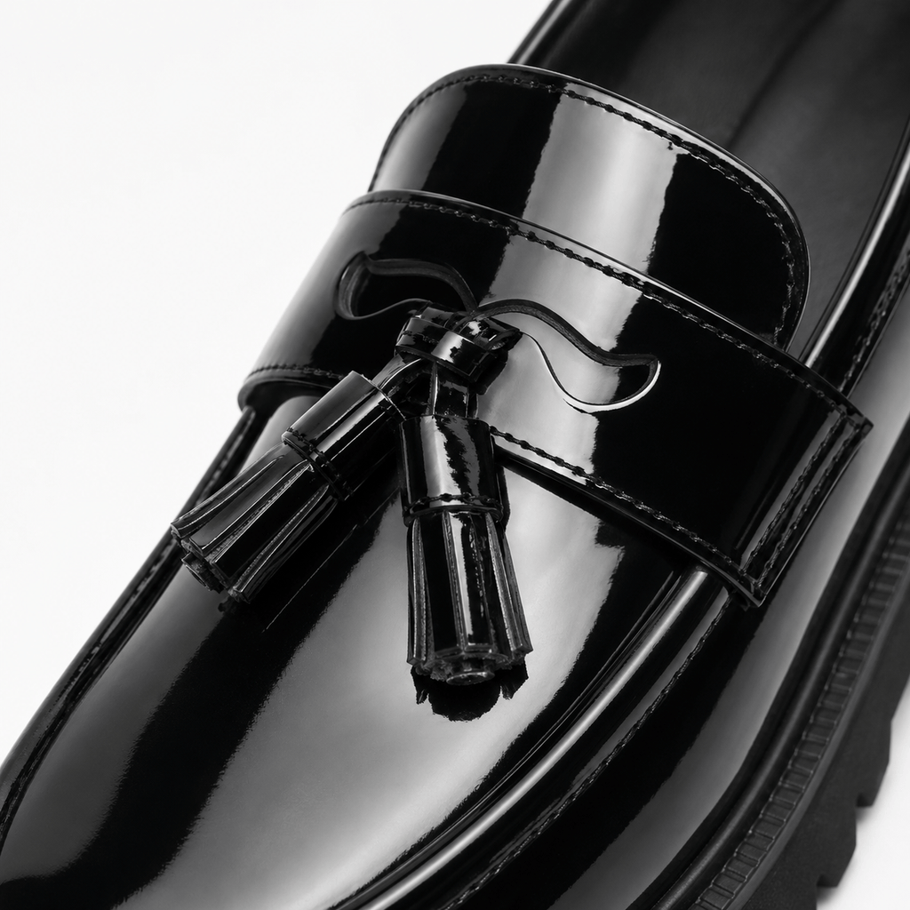 Ma boutique Mens Tassel Loafers – Black & White Leather British Style Slip-On Dress Shoes