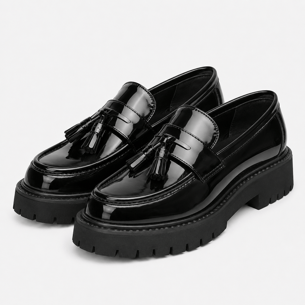 Ma boutique Mens Tassel Loafers – Black & White Leather British Style Slip-On Dress Shoes