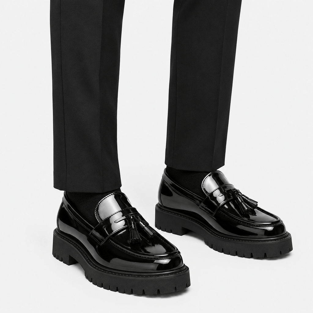 Ma boutique Mens Tassel Loafers – Black & White Leather British Style Slip-On Dress Shoes