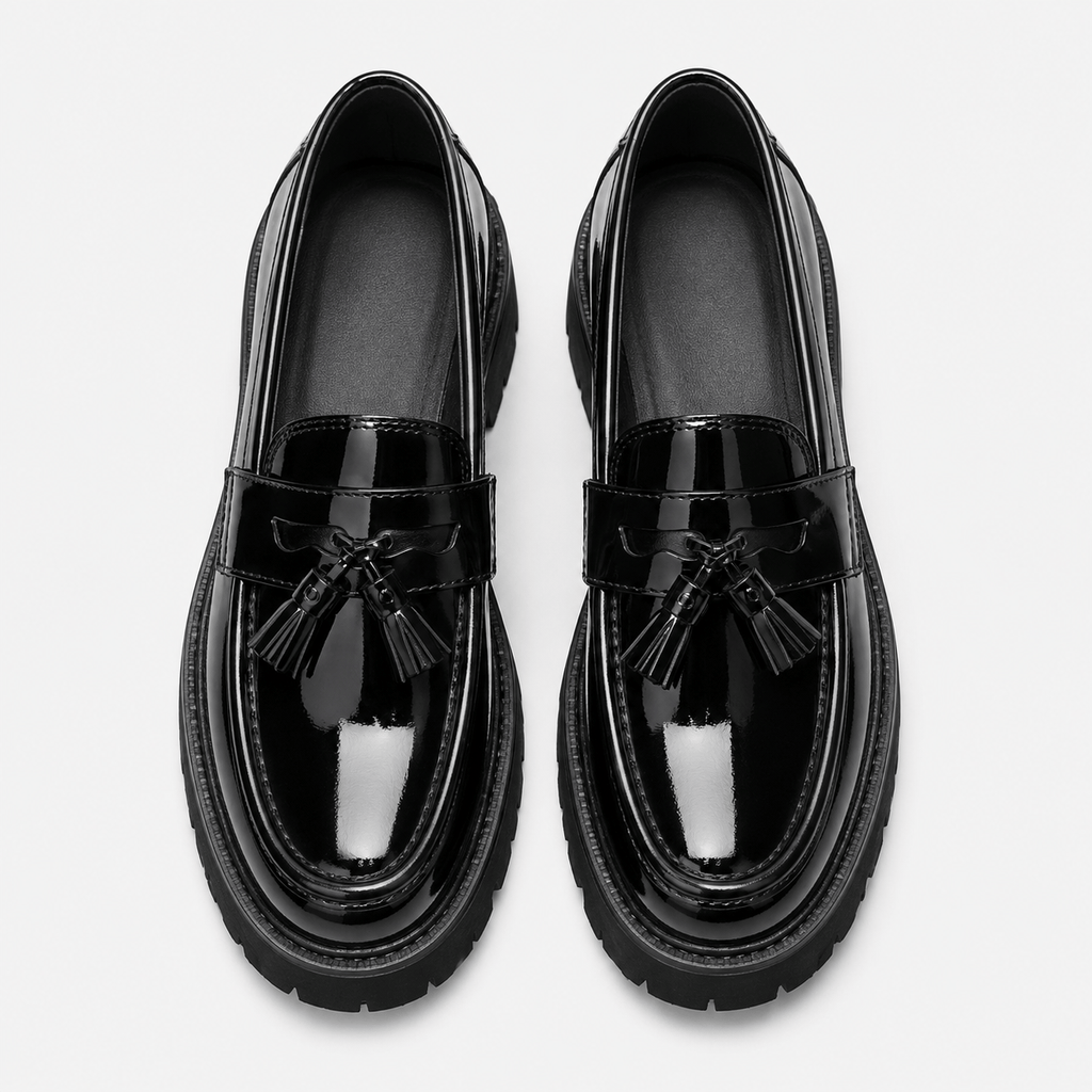 Ma boutique Mens Tassel Loafers – Black & White Leather British Style Slip-On Dress Shoes