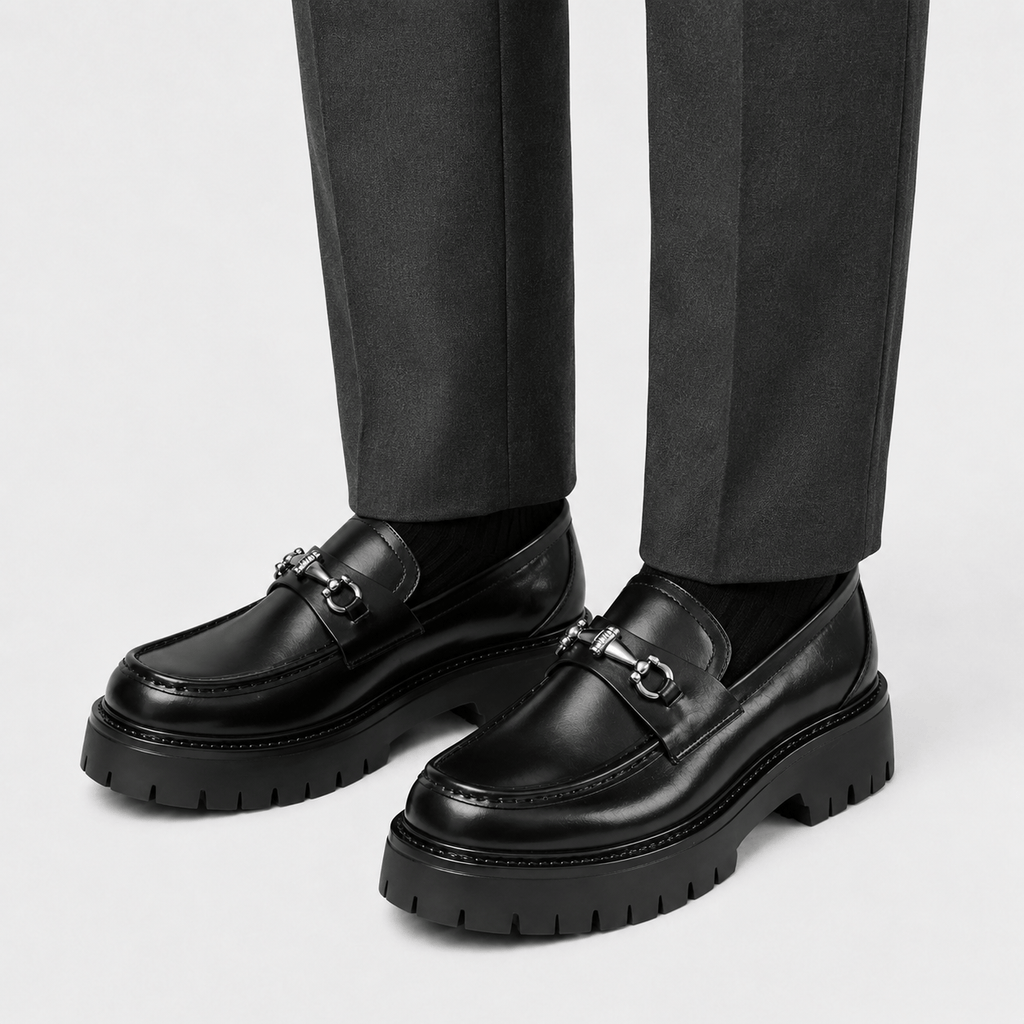 Ma boutique Mens Thick Sole Penny Loafers – Black Classic Buckle Slip-On Formal Business Dress Shoes