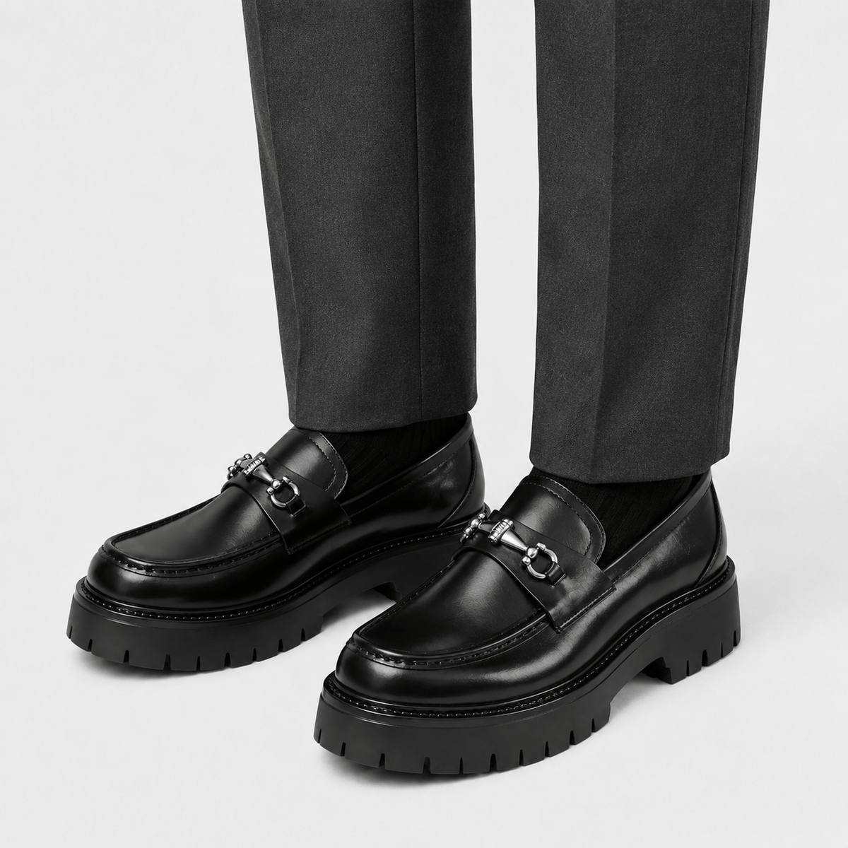 Ma boutique Mens Thick Sole Penny Loafers – Black Classic Buckle Slip-On Formal Business Dress Shoes