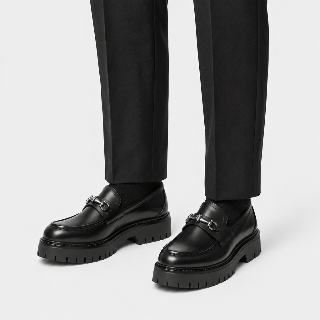 Ma boutique Mens Thick Sole Penny Loafers – Black Classic Buckle Slip-On Formal Business Dress Shoes